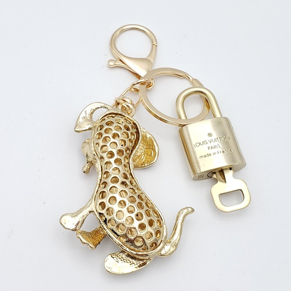 Authentic Louis Vuitton Gold Padlock & Key w/Unbranded Rhinestone Dog Keychain - Picture 3 of 9